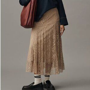 By Anthropologie Asymmetric Drop-Waist Lace Midi Skirt in Taupe